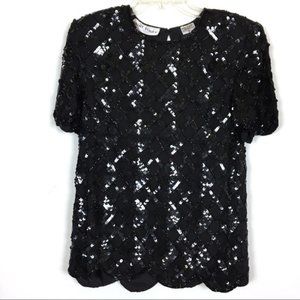 Vintage Night Vogue Black Silk Sequin Blouse Top